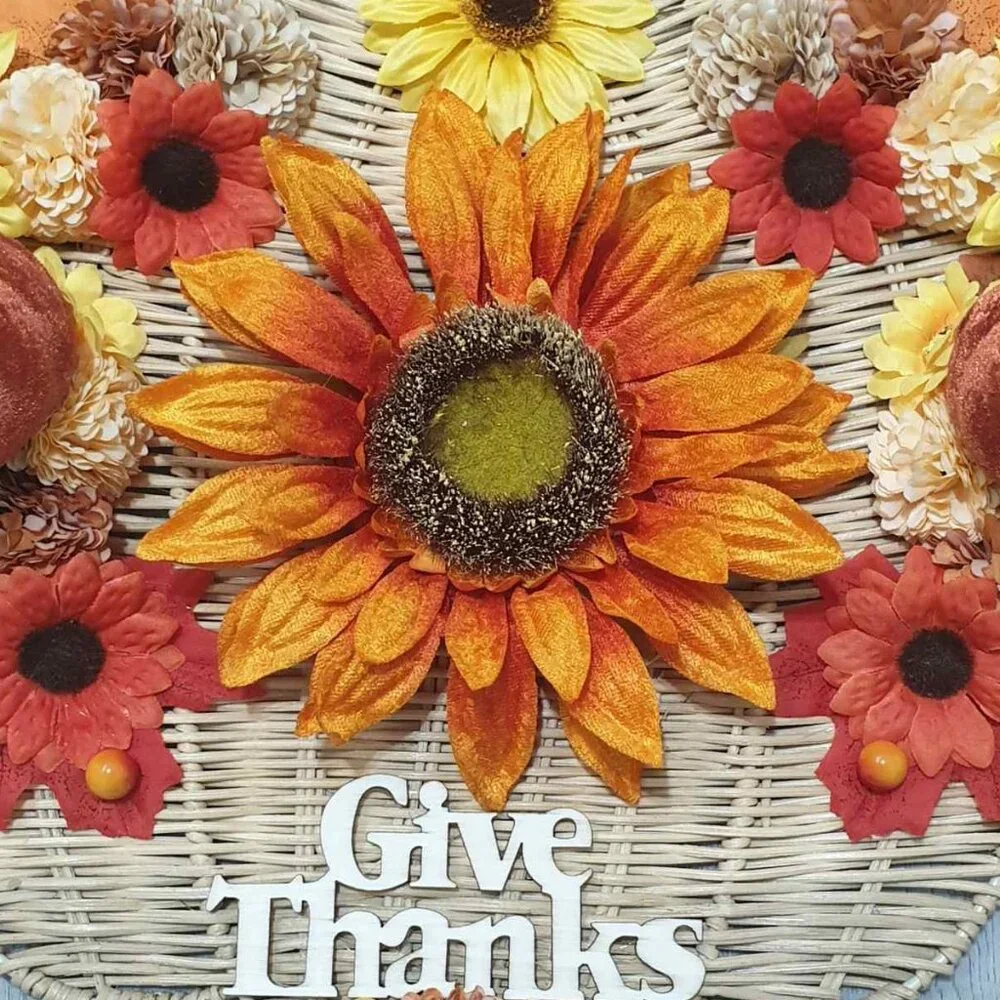 Sunflowers Fall Wreath GIVE THANKS Sign Thanksgiving Pumpkin Wall Door Hanger